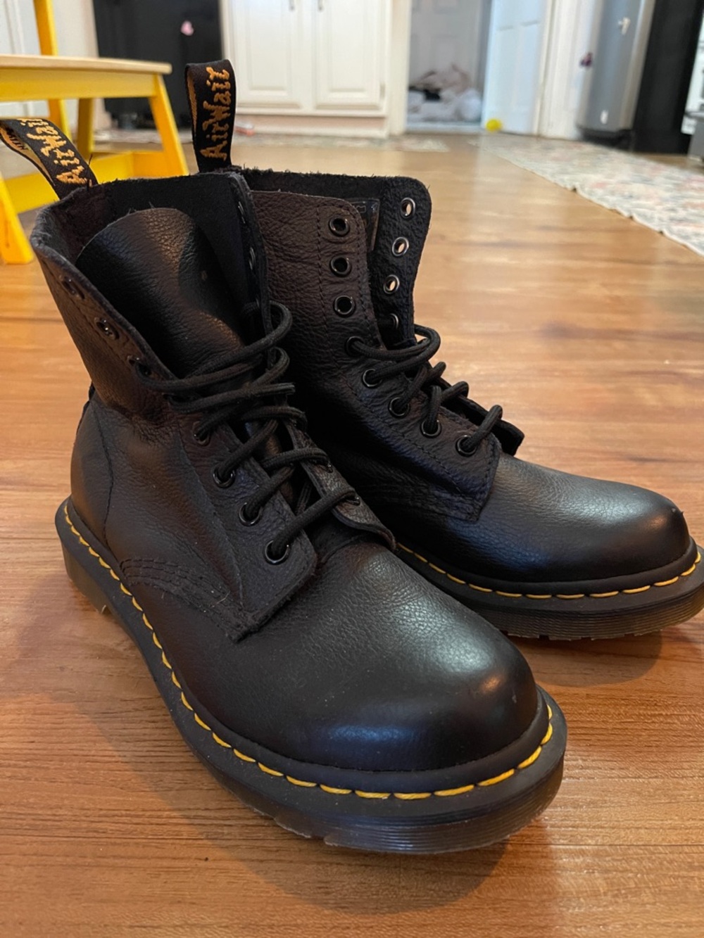 Dr. Martens Black Leather Lace-Up Boots with Yellow Stitching